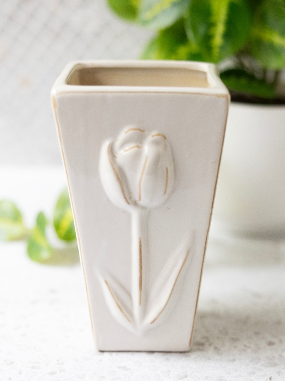 Cream off white square tulip ceramic pottery vase 6.5" x 3.5"